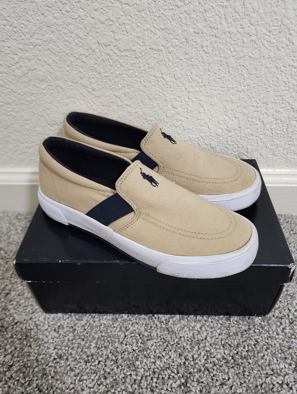 Polo by Ralph Lauren Beige Canvas Slip-On Loafers with Navy Trim